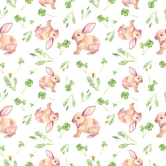 Watercolor Rabbit and Plants Paper, Digital Seamless Pattern, Watercolor Pattern, Scrapbooking Design, Digital Paper, Rabbit Paper, Floral Paper, Plants, Wildflowers Pattern