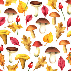  Seamless pattern with autumn leaves and mushrooms.