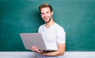 Inspiration for blogging. student man at e learning class. college teacher use computer technology....