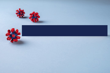 Plase for inscription on blue background and models of covid-19 virus.Virus pandemic protection...