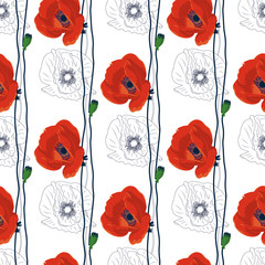 Seamless pattern with hand drawn red poppy flowers on white background. Vector illustration