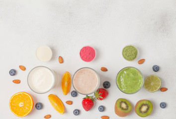 Assortment organic vegetarian protein shakes with Almond Milk. Healthy nutrition. Top view. 