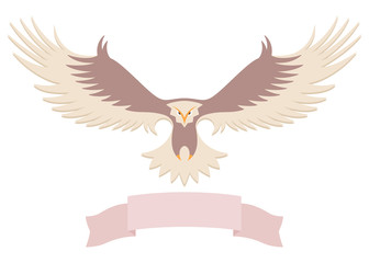 Modern simple eagle logo design in soft gentle pastel beige,pink and brown colors, stylized graphic eagle, with empty ribbon banner for your text on the white background.