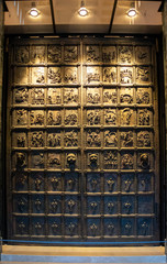 Janua Major of the cathedral of Benevento. The bronze door placed in the atrium of the Cathedral. Campania, Italy.