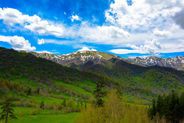 Beautiful mountain panorama with lush greens, blue skies, and puffy clouds