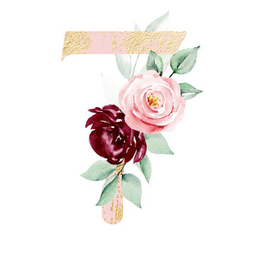 Number 7 gold  with watercolor flowers pink roses and leaf. Hand painting. Isolated on white background. 
