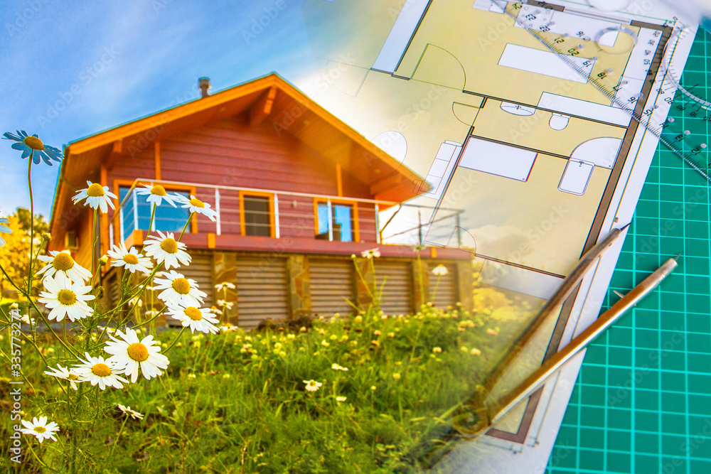 Aufkleber architect glues the layout of the house. work on an order at an architectural agency.development of 