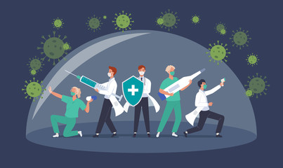 Fight with covid-19 corona virus concept. Doctor team or medical health care professionals fighting with coronavirus pandemic. Vector illustration in a flat style