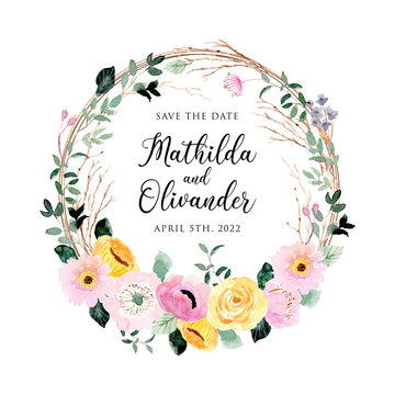 save the date with yellow pink floral watercolor wreath