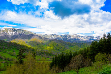 Fototapeta na wymiar Beautiful mountain panorama with lush greens, blue skies, and puffy clouds