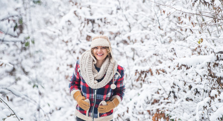 Fototapeta na wymiar Full of happiness. Portrait of excited woman in winter. Cheerful girl outdoors. joyful and energetic woman. skiing holiday on winter day. beautiful woman in warm clothing. Enjoying nature wintertime