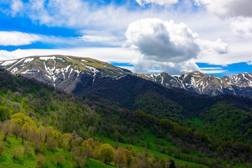 Beautiful mountain panorama with lush greens, blue skies, and puffy clouds