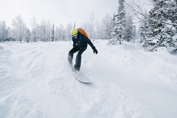 Freerider snowboarder riding in winter snow-covered forest, fresh snow powder, sunny winter day