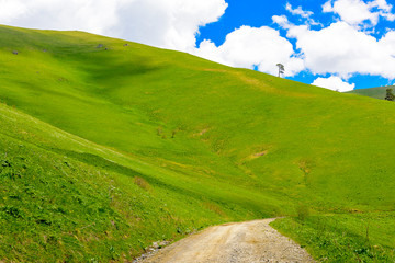 Beautiful mountain panorama with lush greens, blue skies, and puffy clouds