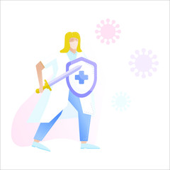 Vector Image of a nurse, holding a sword in his hands, who is fighting the coronovirus. Flat illustration.