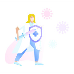 Vector Image of a nurse holding a syringe with vaccine in his hands, who is fighting the coronovirus. Flat illustration.