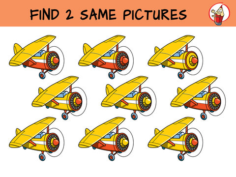 Funny little airplane. Find two same pictures. Educational game for children. Cartoon vector illustration