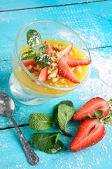 delicious Panna cotta on a blue background