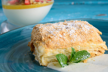 Layer cake with cream Napoleon milfey vanilla slice with mint