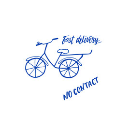 Fototapeta na wymiar Fast delivery, no contact - hand written sign with doodle illustration bicycle. Vector stock illustrtion isolated on white background. EPS10