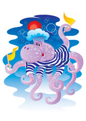 octopus in a hat and with flags in tentacles at the bottom of the sea, vector illustration,