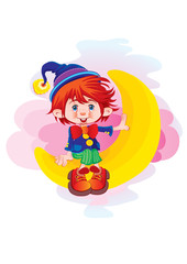 boy, stylized character in big boots and a cap sits in the sky for a month hanging his legs, vector illustration, eps