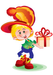stylized boy in a big hat carry a box with a gift, isolated object on a white background, vector illustration,