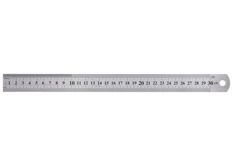 A metal ruler with a scale of up to 30 centimeters is isolated on a white background.
