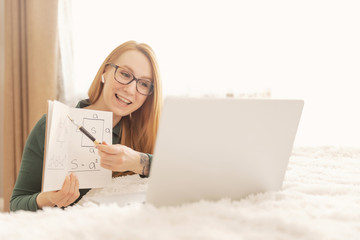 Math teacher explains online lesson to students School quarantine training concept