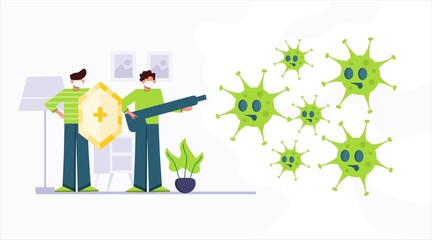 Vector illustration of people fight covid-19 corona virus. Disinfection concept illustration