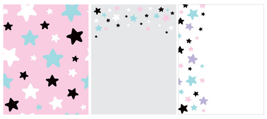 Cute Abstract Starry Sky Vector Pattern and 2 Layouts. White, Black and Blue Stars on a Light Pink Background. Pink, Blue, White and Blue Stars on a White and Light Gray. Funny Party Blanks. 