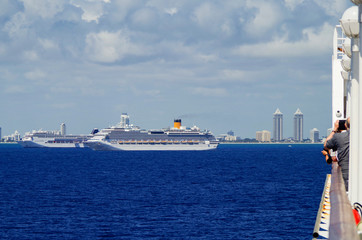 Italian cruiseships or cruise ship liners parked or anchored or laid up at sea in Miami Beach...