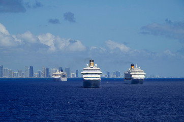 Costa Cruises cruiseships or cruise ship liners anchored or laid up at sea in Miami Beach Florida...