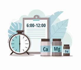 Calcium, magnesium, iron and alarm clock. Time of pill. Health care, pharmacy, medicine concept. 