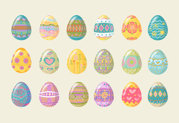 Collection set of Easter eggs with colorful ornaments. The symbol of the Easter holiday. Vector eps 10
