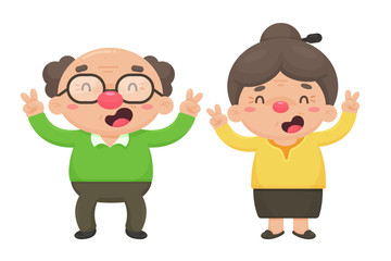 V sign hand. Elderly couple Being happy because of good health.