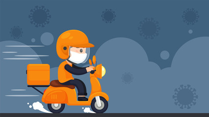 Vector The food delivery staff ride motorcycles to deliver food during a confinement in the home from the corona virus.