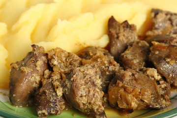 Fried chicken livers and mashed potatoes