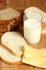 Milk glass, bread and cheese
