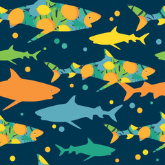Obraz premium Seamless background with sharks. Predator in the sea. Vector illustration for web design or print.