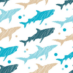 Seamless background with sharks. Predator in the sea. Vector illustration for web design or print. - 335779609
