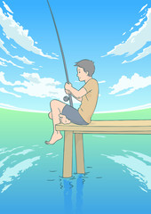 Fisherman, a boy with a fishing pole in the water on the background of blue sky with clouds, cartoon vector image.