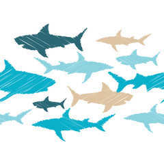 Seamless background with sharks. Predator in the sea. Vector illustration for web design or print.
