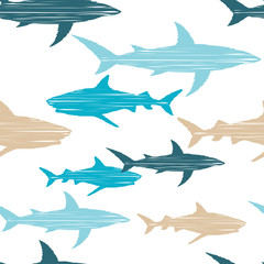 Seamless background with sharks. Predator in the sea. Vector illustration for web design or print.
