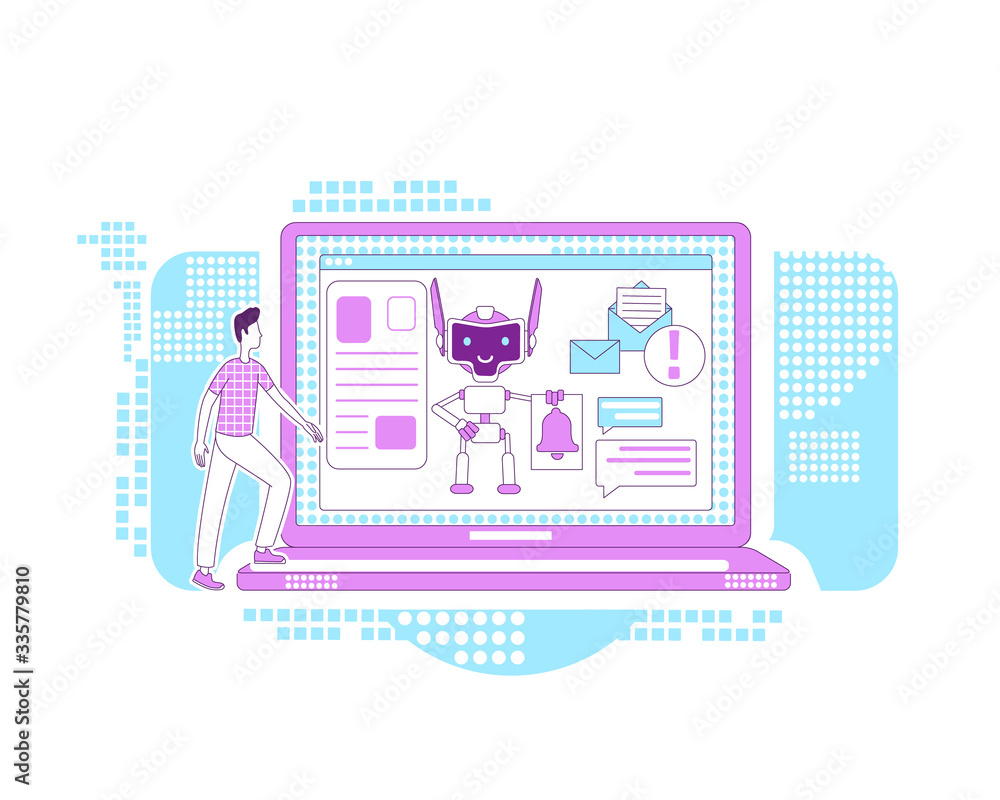 Poster notification bot thin line concept vector illustration. automated newsletter. man getting news mails
