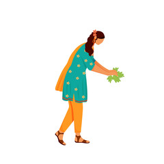 Indian woman in traditional dress flat color vector faceless character. Hindu ritual, girl wearing sari, female with green leaves isolated cartoon illustration for web graphic design and animation