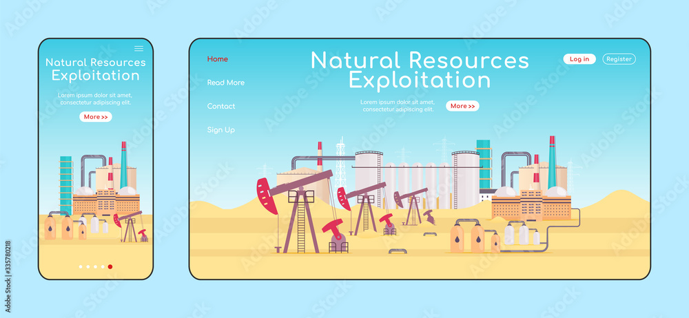 Poster natural resources exploitation adaptive landing page flat color vector template. refinery plant mobi