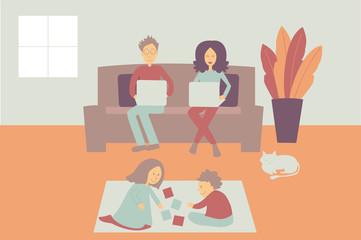 Family character for Coronavirus quarantine. Parents working from home and kids playing.