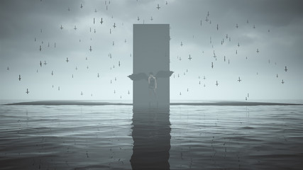Mysterious Black Obelisk and Dark Angel Woman on Black Sand Surrounded by Water and Floating Upside Down Crosses 3d illustration 3d render  