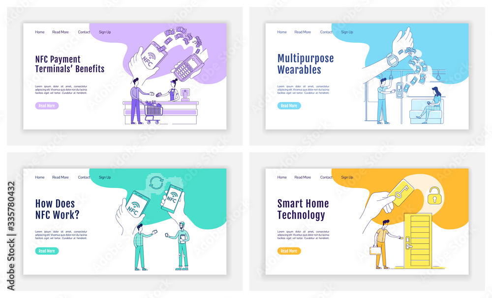 Poster nfc tech landing page flat silhouette vector templates set. contactless payments homepage layout. sm